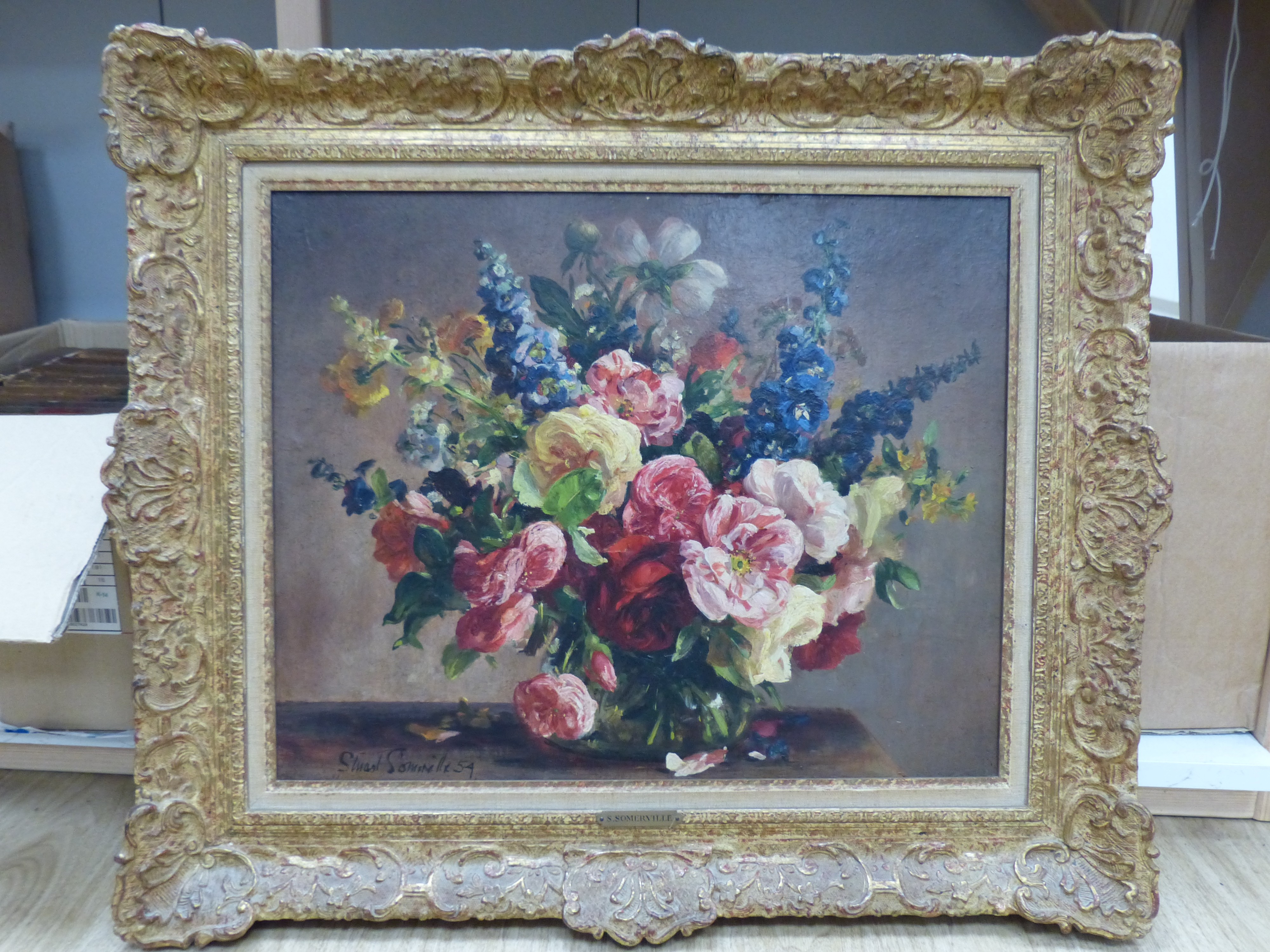 Stuart Somerville (1908-1983), oil on board, Still life of a vase of flowers, signed and dated 1954, 51 x 41cm